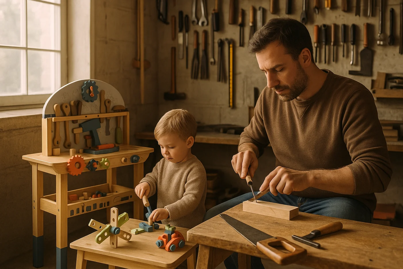 Children's wooden construction tools and creative building pieces