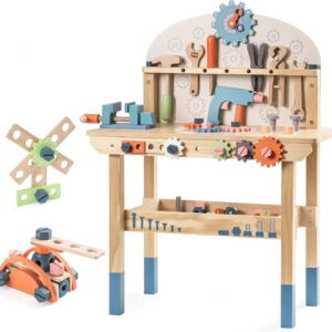 Montessori Kids Tool Bench Set with 41-piece wooden construction toy set