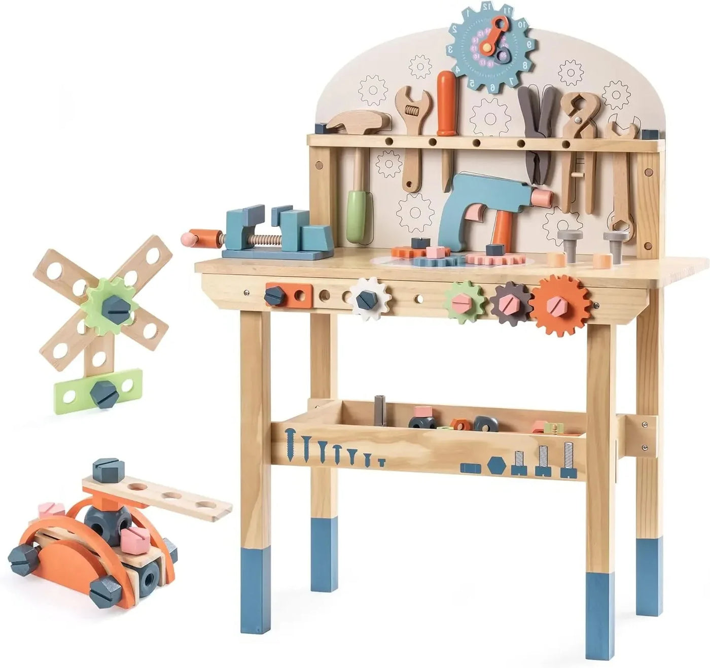 Montessori Kids Tool Bench Set with 41-piece wooden construction toy set