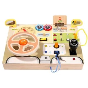 Montessori wooden car dashboard sensory toy with steering wheel, lights, and switches