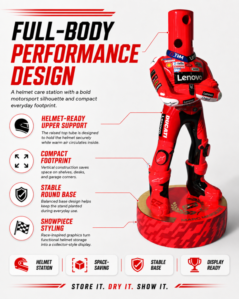 Full-body racing-inspired helmet display station