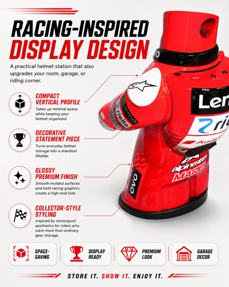 Racing-inspired glossy helmet station finish