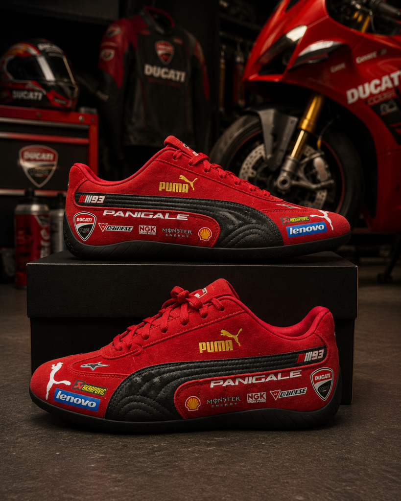 Rosso Corsa racing sneaker in red suede with black quilted panel