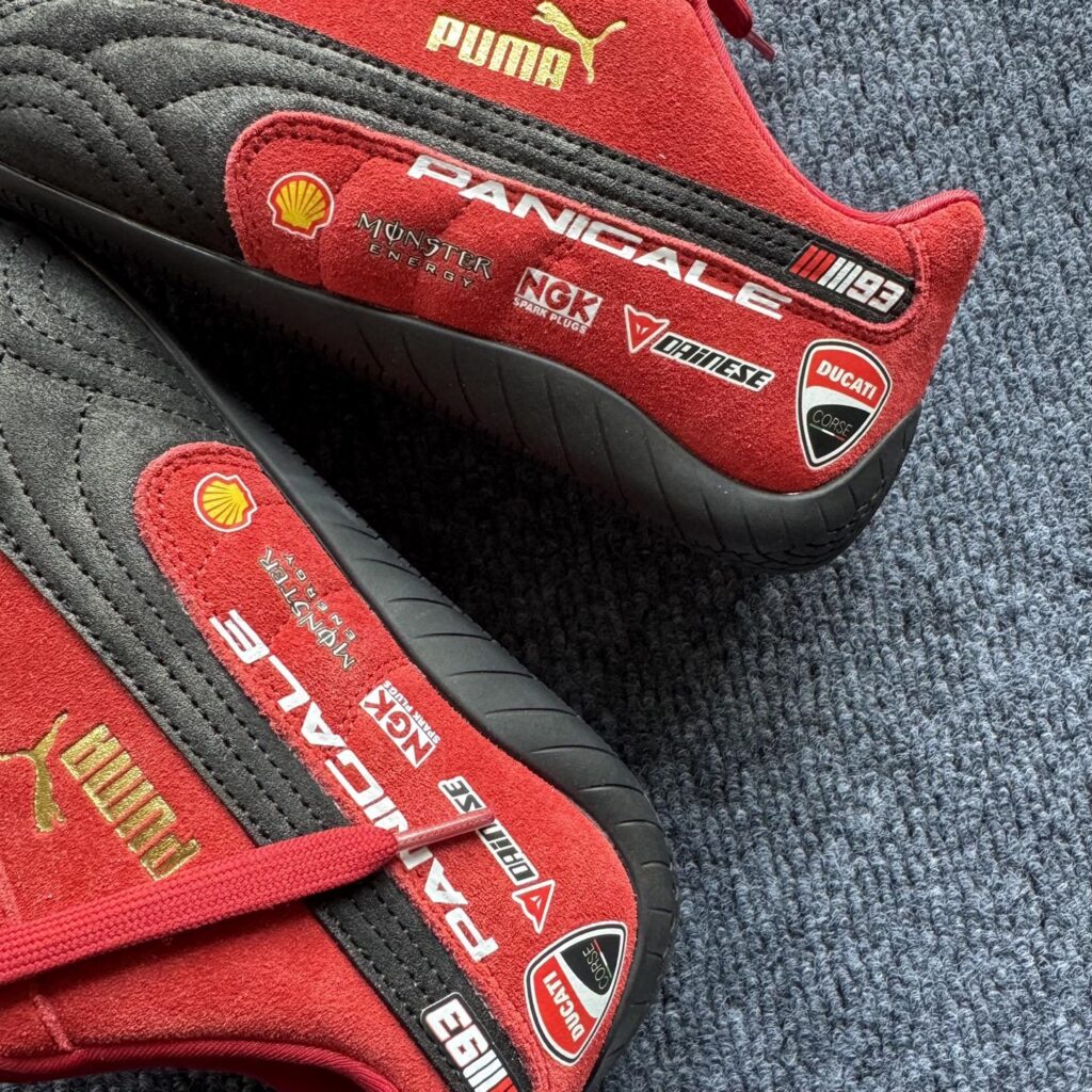 Rosso Corsa racing sneaker in red suede with black quilted panel