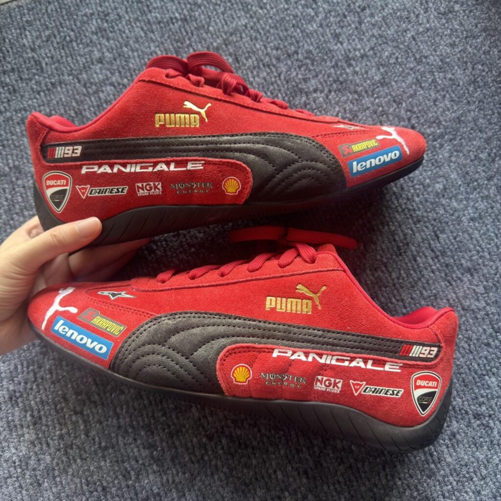 Rosso Corsa racing sneaker in red suede with black quilted panel