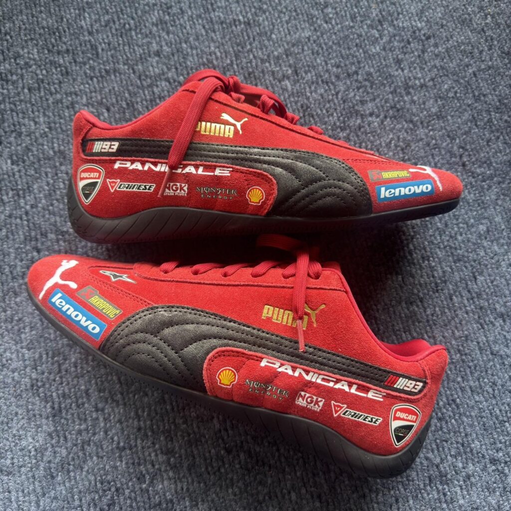 Rosso Corsa racing sneaker in red suede with black quilted panel