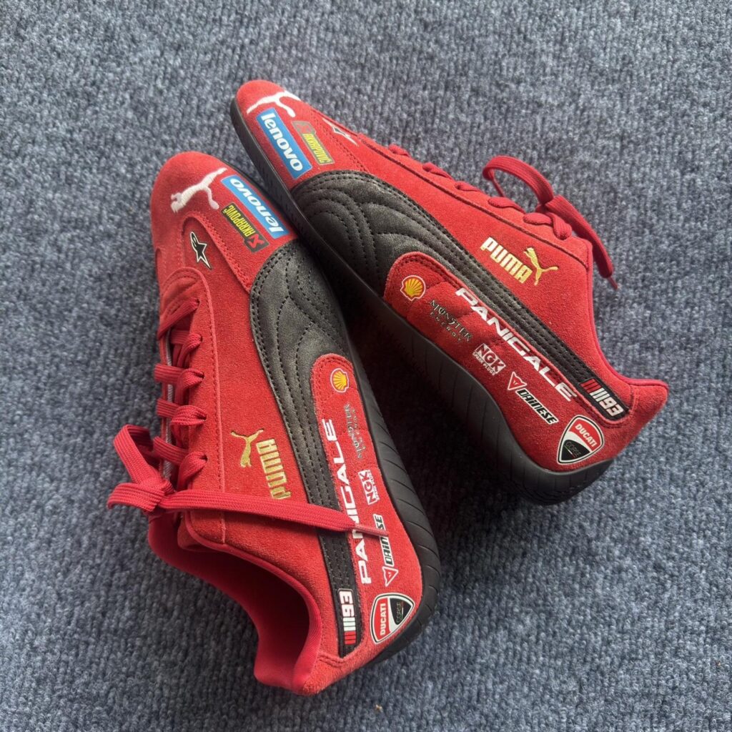 Rosso Corsa racing sneaker in red suede with black quilted panel