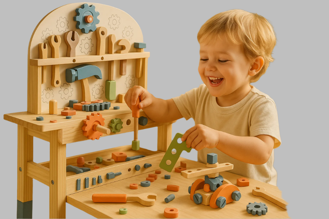Happy child playing with the Montessori wooden tool bench and 41-piece kids tool set
